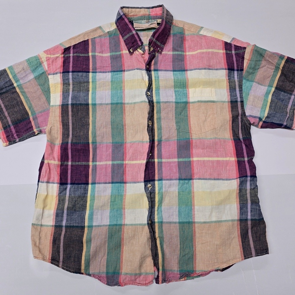 Vintage Bermuda Dunes Mens Large Plaid Cotton Short Sleeve Button Down Shirt